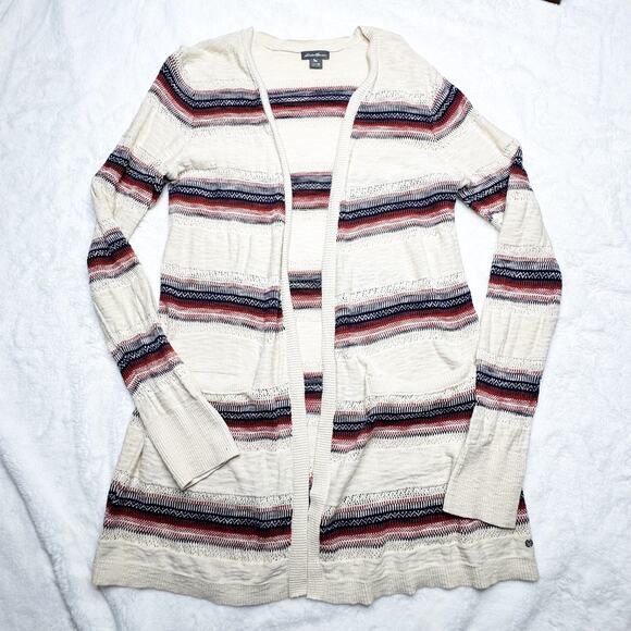 EDDIE BAUER Cream Red Blue Stripe Cotton Long Cardigan Boho Sweater sz Medium - Picture 3 of 7